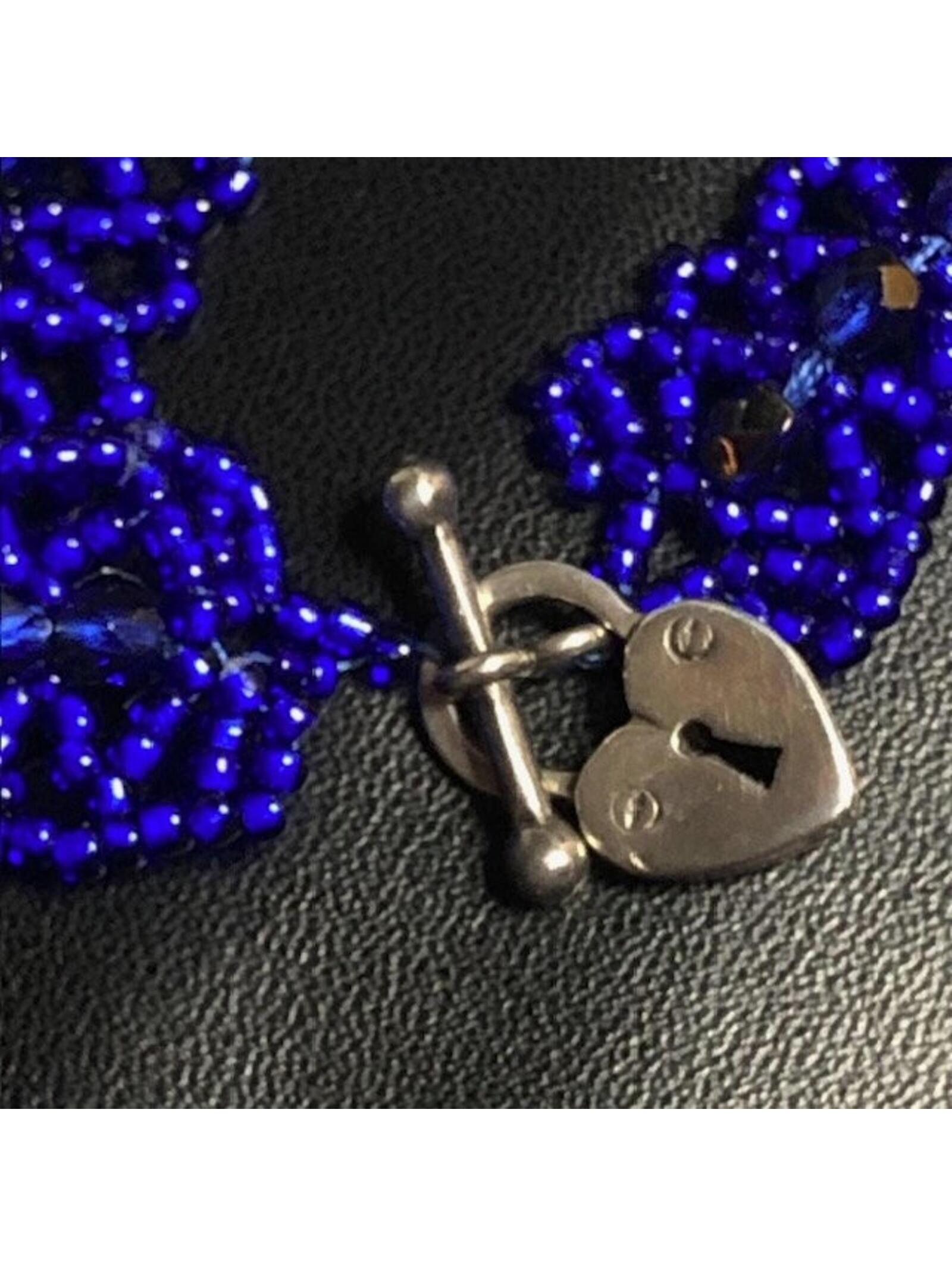B0863 Sterling Silver Heart Lock Toggle Bracelet Blue Beaded 6.75"